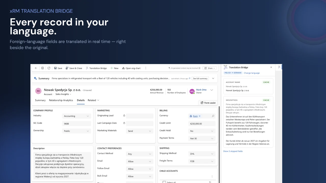 Translation pane in Dynamics 365 showing a Polish account description next to its German translation