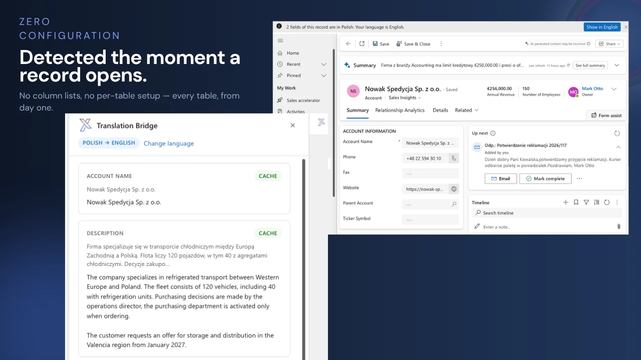 Dynamics 365 form with a notification that two fields are in Polish, and the open translation pane