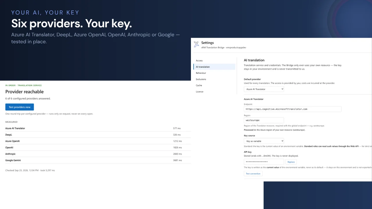 System health showing six AI providers answering, next to the provider settings with endpoint and region