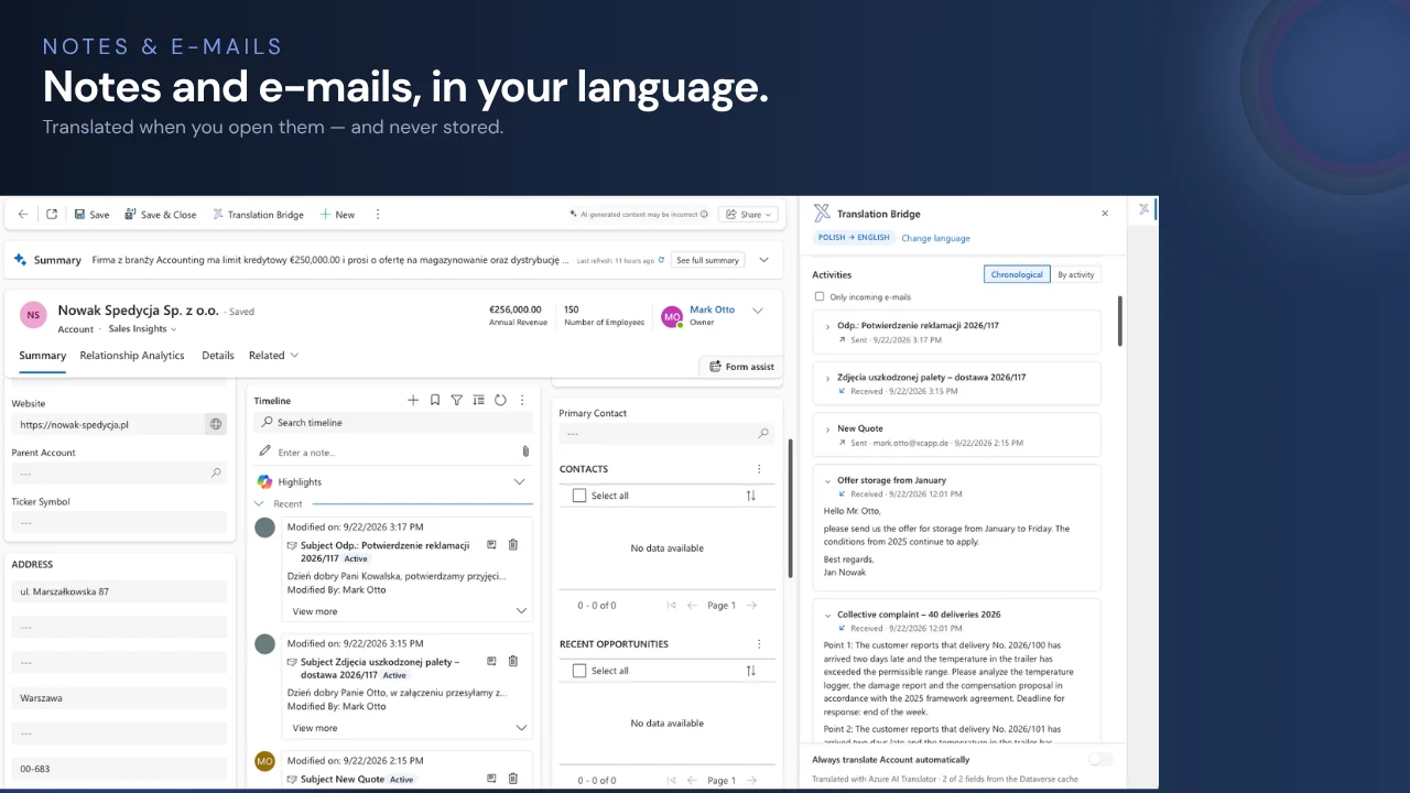 Polish notes and e-mails in the Dynamics 365 timeline next to their English translations in the pane