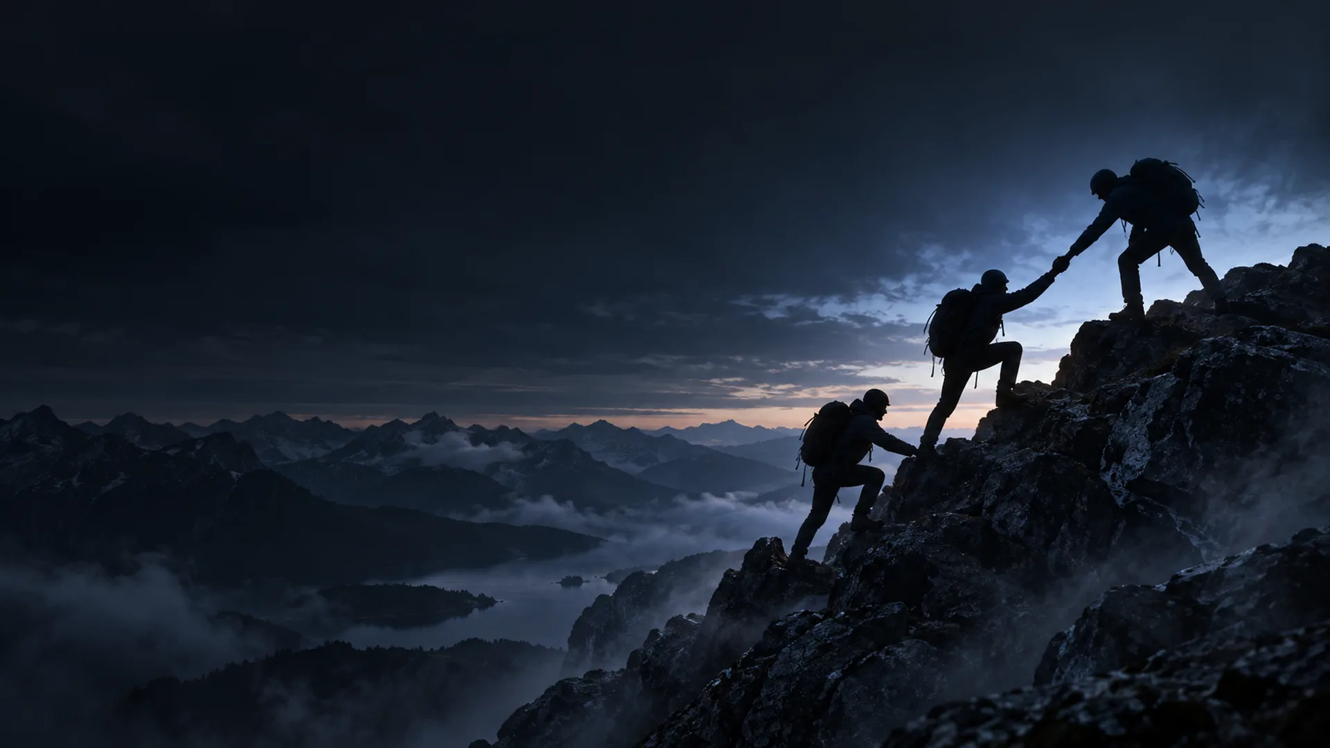 [Translate to Italiana:] Three climbers helping each other up a mountain ridge at dusk